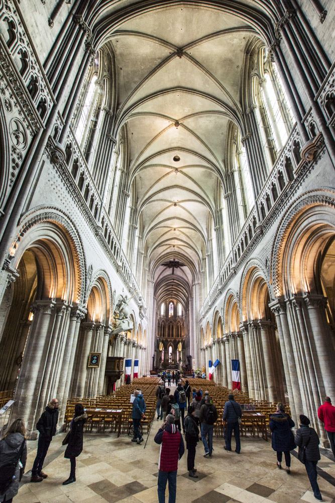 The large Norman-Romanesque and Gothic Cathédrale Notre-Dame de Bayeux, consecrated in 1077