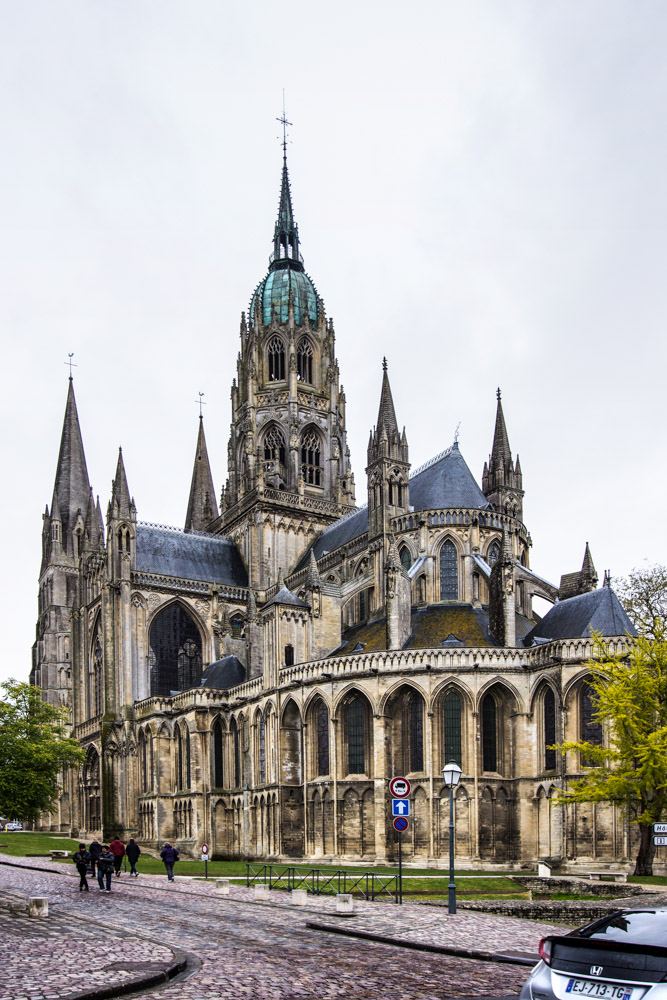 The large Norman-Romanesque and Gothic Cathédrale Notre-Dame de Bayeux, consecrated in 1077